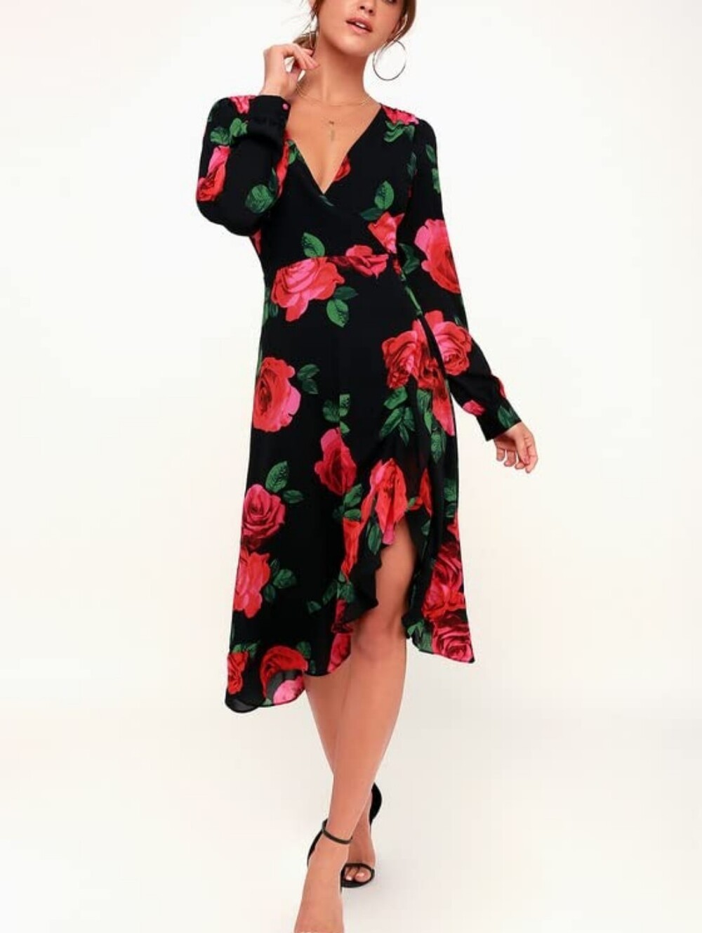 Lulu's Black Wrap Dress with Rose Print